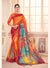 Burnt Orange Digital Print Fine Viscose Georgette Saree In Blue Textured Print - VANYA