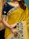 Yellow Embroidered Silk Saree with Navy Blue Blouse - VANYA