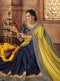 Yellow Embroidered Saree with Navy Blue Designer Embroidered Blouse - VANYA