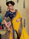 Yellow Embroidered Saree with Navy Blue Designer Embroidered Blouse - VANYA