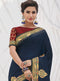 Vanya Zari Embroidered Women Woven Silk Saree Dark Blue with Red Embroidered Blouse Designer Saree