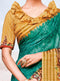 Teal Green Digital Print Silk Georgette Saree with Contrast Mustard Yellow Blouse - VANYA