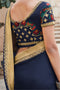 navy blue saree in pure satin with matching raw silk blouse